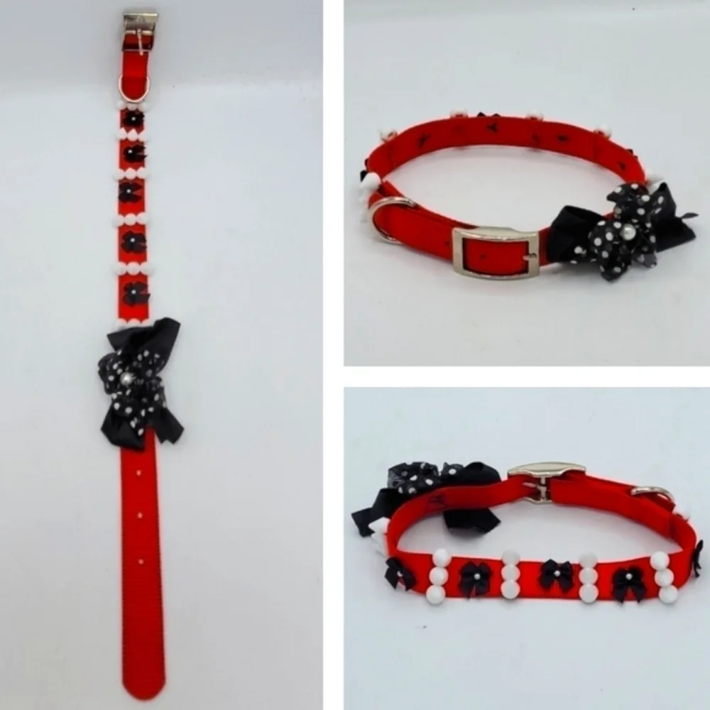 Dog Collar Black Red White Bow Pearls and Spikes